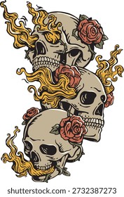 Ver Hear Speak No Evil Inspired Flaming Skull Stack com ilustração gótica de rosas