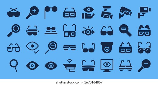 see icon set. 32 filled see icons. on blue background style Simple modern icons such as: Sunglasses, Zoom, 3d glasses, Zoom in, Glasses, Eye, Zoom out, View, Cctv