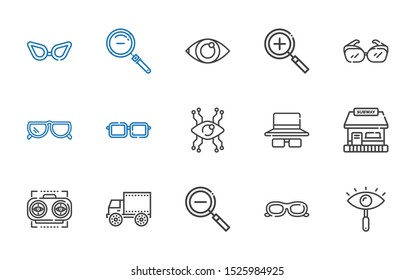 see icons set. Collection of see with eye, sunglasses, zoom out, side view, vision, tickets office, eyeglasses, zoom in, glasses. Editable and scalable see icons.