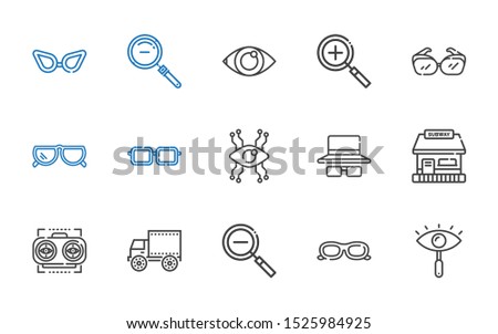 see icons set. Collection of see with eye, sunglasses, zoom out, side view, vision, tickets office, eyeglasses, zoom in, glasses. Editable and scalable see icons.
