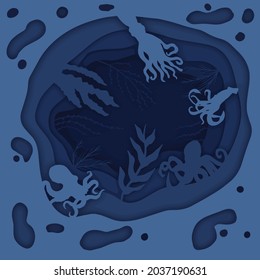 See illustration. The picture is made by grouping many objects. The painting was made in the style of imitation of paper layers. Marine animals and fish. Tropical fish. Abstract illustration of nature
