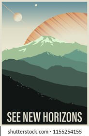 See New Horizons. Retro Future Space Poster Stylization