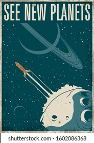 See New Planets Retro Future Sci Fi Poster, Vintage Colors, Grunge Texture Pattern