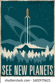 See New Planets Retro Future Space Propaganda Poster Style, Rocket Launch, Landscape, Planets, Vintage Colors, Grunge Texture Border