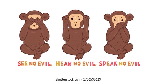 See no evil hear no evil speak no evil inscription  Card and three monkeys white background  Vector graphics 