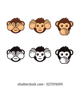 See no evil, hear no evil, speak no evil. Three wise monkeys vector icons. Color and black and white version. svg