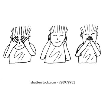 see no evil, hear no evil, speak no evil illustration sketch hand drawn