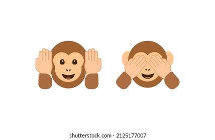 See no evil monkey vector flat icon. Isolated monkey face emoji illustration. Hear no evil monkey vector flat icon. Isolated monkey head emoji illustration