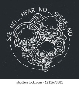 See no, hear no, speak no. Composition of three skulls. Vector illustration of black and white tattoo graphic human skull. Lined symbol