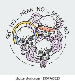 See no, hear no, speak no. Composition of three skulls. Vector illustration of color tattoo graphic human skull. Lined symbol