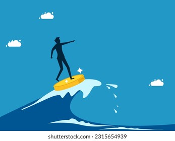 See opportunities in the financial crisis and the economy. man surfing the sea with coins vector