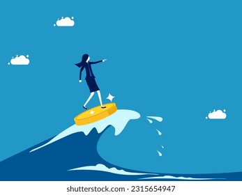 See opportunities in the financial crisis and the economy. Businesswoman surfing the sea with coin vector