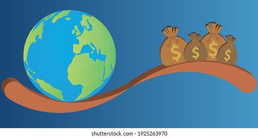 See Saw Scale Or Balance With Planet Earth And Bags With Dollar Symbol On Them