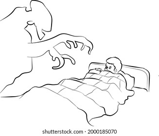 See scary nightmares while sleeping doodle style line art illustration 
