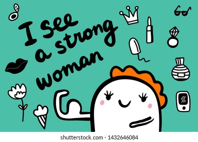 I see a strong woman hand drawn vector illustration in cartoon style. Accessories girl lipstick ice cream crown tampon parfum smartphone flower green