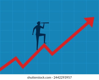 See success in career. Businessman uses a telescope to look at a stock graph with a growth arrow 
