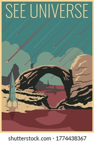 See Universe Retro Future Space Journeys Posters, Mid Century Modern Style Illustration, Space Rocket, Alien Planet's Landscape