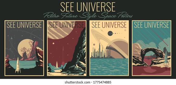 See Universe Retro Future Style Posters, Mid Century Modern Space Illustrations, Alien Planets Landscapes