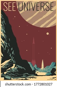 See Universe Retro Space Tourism Advertising Poster Stylization, Retro Future Space Rockets, Alien Planet Landscape