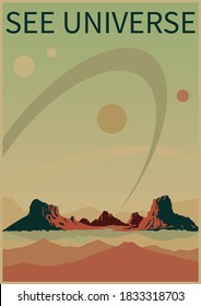 See Universe Space Tourism Futuristic Poster, Retro Future Illustration, Alien Planet Landscape