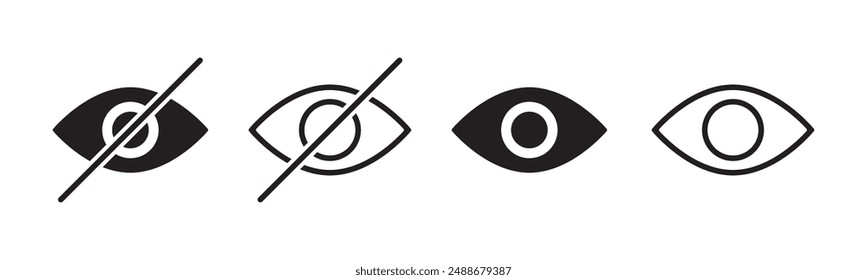 See and unsee eye icon. Eyesight symbol. Retina scan eye signs. Privacy and block flat or line vector collection