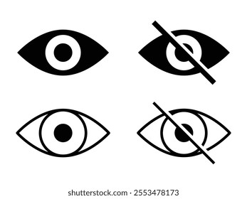 See and unsee eye icon. Eyesight symbol. Retina scan eye signs. Privacy and block flat or line vector collection.