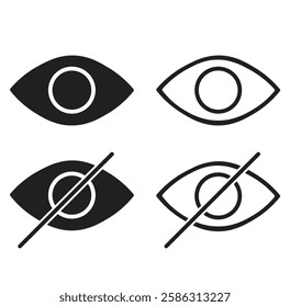 See and unsee eye icon. Eyesight symbol. Retina scan eye signs. Privacy and block flat or line vector collection.