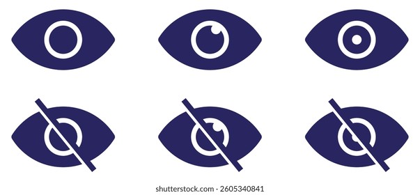 See and unsee eye icon set collection.  Eye visibility and hidden icon set for ui ux web design security privacy settings. Show password. The eye icon indicates visible or blind. Vector illustration 