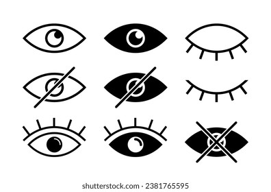 See and unsee eyes icon set. Hide and unhide symbol. Sensitive content. Vector stock illustration