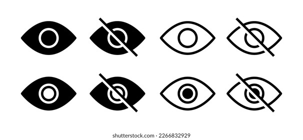 Vea y desvea el conjunto de iconos del vector de ojos. Ocultar y mostrar el símbolo. Privacidad de datos y señalización de contenido confidencial