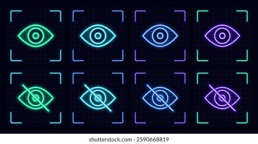 See unsee symbol set, cyber neon visual, glowing border grid vector.	