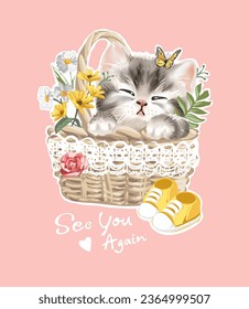see you again calligraphy slogan with cute kitten sleep in flower woven basket vector illustration svg