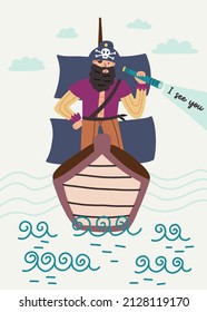 Ich sehe dich schreiben. Die Pirate am Heck des Schiffes sieht durch die Glasscherben auf hoher See. Dodle Illustration Meer Abenteuer. Handgezeichneter Babyskandinavischer Stil, Kinder-Shirt-Postkarte