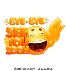 See you soon. By-bye web sticker. Yellow emoji cartoon character. Emoticon smile face. Vector illustration svg