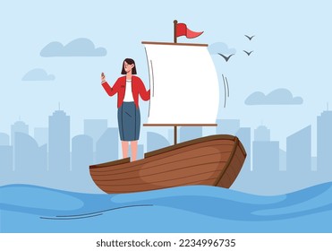 See you soon. Young girl stands on boat with flag and waves her hand. Travel and adventure, tourism. Entrepreneur and businesswoman. Poster or banner for website. Cartoon flat vector illustration