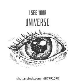 I see your Universe. Hand-drawn eye, sketch. Hand drawn vintage vector. Steampunk style