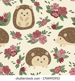 Seeamless pattern with cute hedgehogs and pink flowers. Vector illustration.