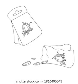 Seed bags for planting. Pumpkin seeds in a whole bag and opened. On the bag is a picture of a pumpkin. Can be used in gardening catalogs, infographics, text illustrations, websites