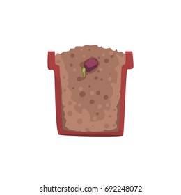 Seed of a bean germinating in a pot with ground soil, stage of growth, pot in a cross section vector Illustration