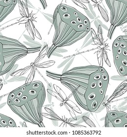 Seed boxes of a lotus and dragonflies. Nature vector pattern on a white background.