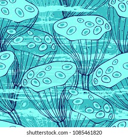 Seed boxes of a lotus. Floral vector pattern on texture background. Monochrome illustration.