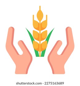 Seed care flat icon with barley in hands