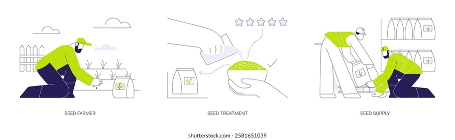 Seed cultivation and supply abstract concept vector illustration set. Seed farmer on field, chemical treatment, agribusiness warehouse supply, plants growing, gardening season abstract metaphor.