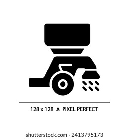 Seed drill black glyph icon. Modern tractor. Farm equipment. Spreader machine. Broadcast seeder. Planting grain. Silhouette symbol on white space. Solid pictogram. Vector isolated illustration