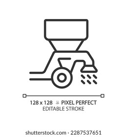 Seed drill linear icon. Modern tractor. Farm equipment. Spreader machine. Broadcast seeder. Planting grain. Thin line illustration. Contour symbol. Vector outline drawing. Editable stroke