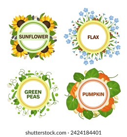 Seed emblems. Round labels with decorative wreaths for agricultural products. Sunflower, flax, green peas and pumpkin vector illustration set. Raw healthy ingredients with plant blossom