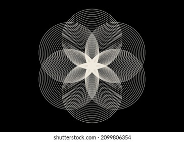 Seed Flower of life lotus icon, logo mandala sacred geometry, tattoo symbol of harmony and balance. Mystical talisman, white circles lines vector isolated on black background 