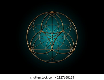 Seed Flower of life lotus icon, yantra mandala sacred geometry, golden symbol of harmony and balance. Blue color Mystical talisman, gold lines vector isolated on black background 