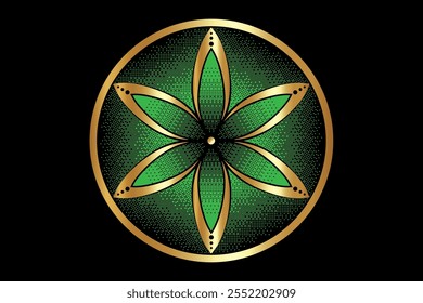 Seed Flower of life lotus icon, logo mandala sacred geometry, Pixel art design, green symbol of harmony and balance. Mystical talisman, vector round design isolated on black background 