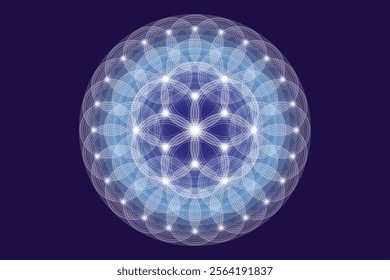 Seed Flower of life lotus icon, logo mandala sacred geometry, symbol of harmony and balance. Mystical talisman, white circles lines vector isolated on blue background 